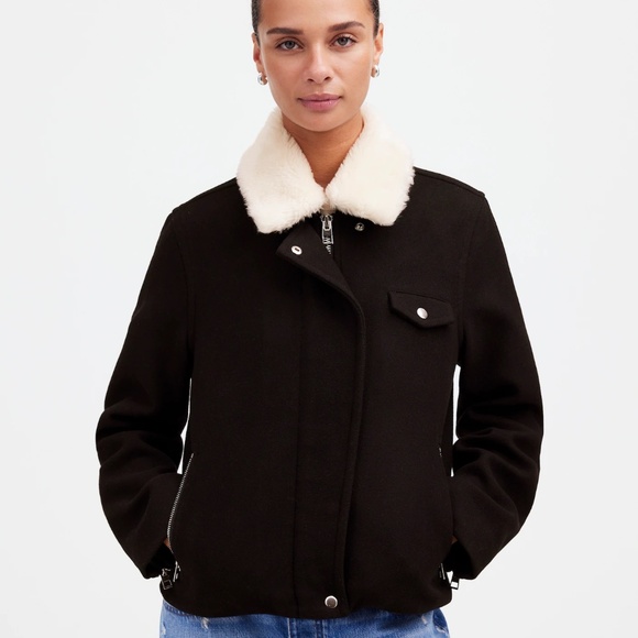 Madewell Sherpa-Collar Asymmetric Zip-Front Black Wool Jacket - S - Picture 1 of 10